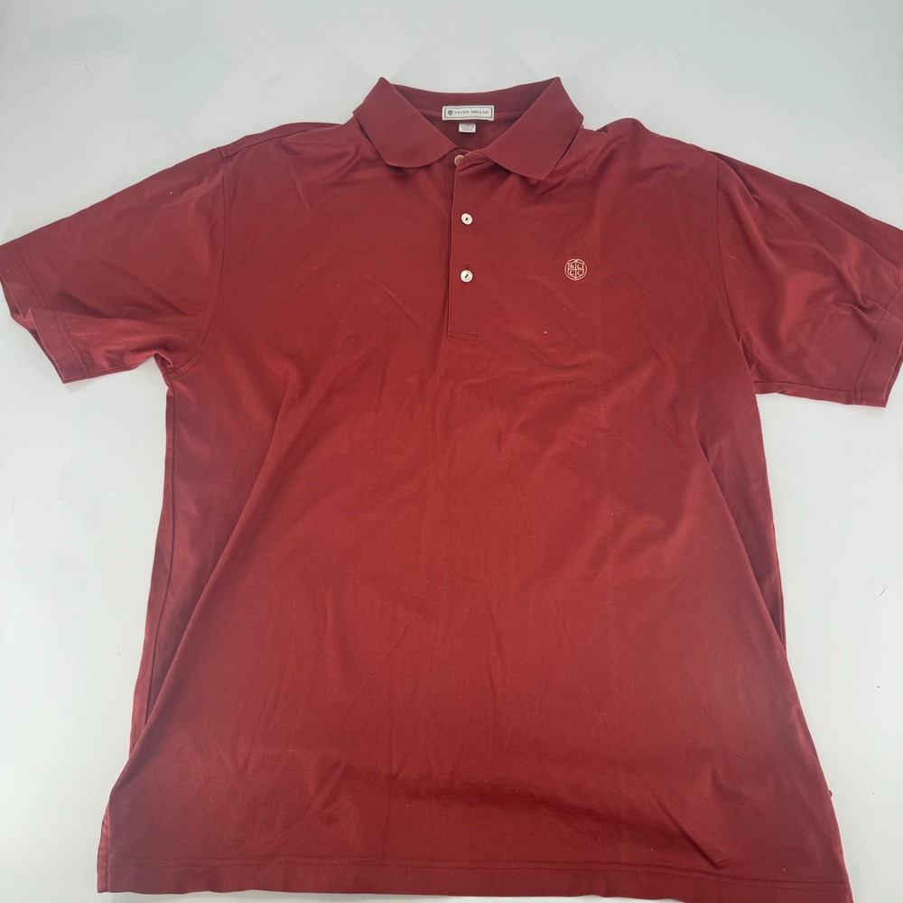 Peter Millar Mens Medium Burgundy Red 100% Cotton Short Sleeve KCCC Crest Polo